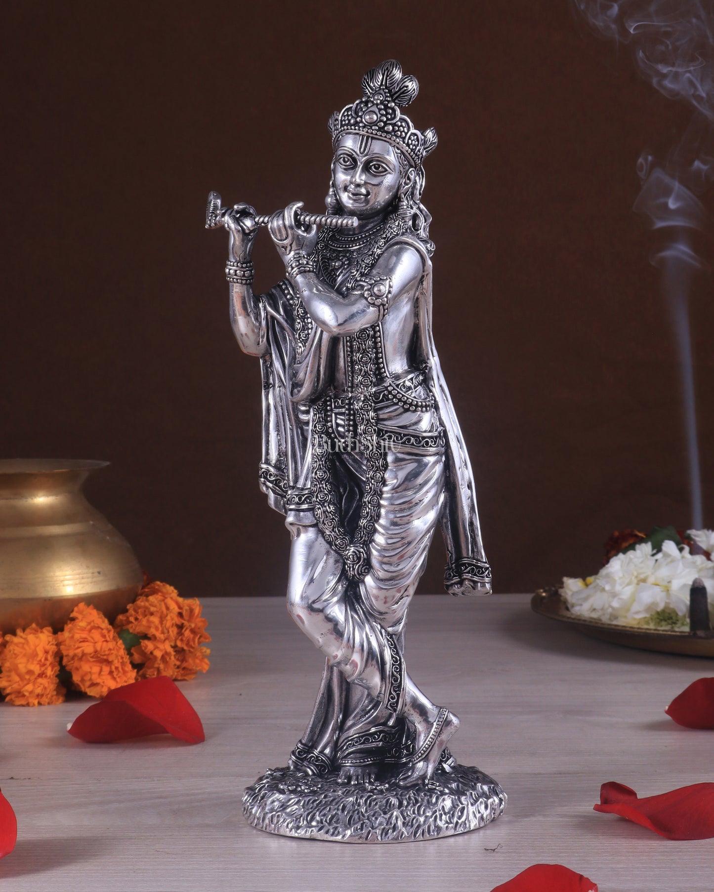 Superfine Brass Lord Krishna Intricate Idol 10" silver plated