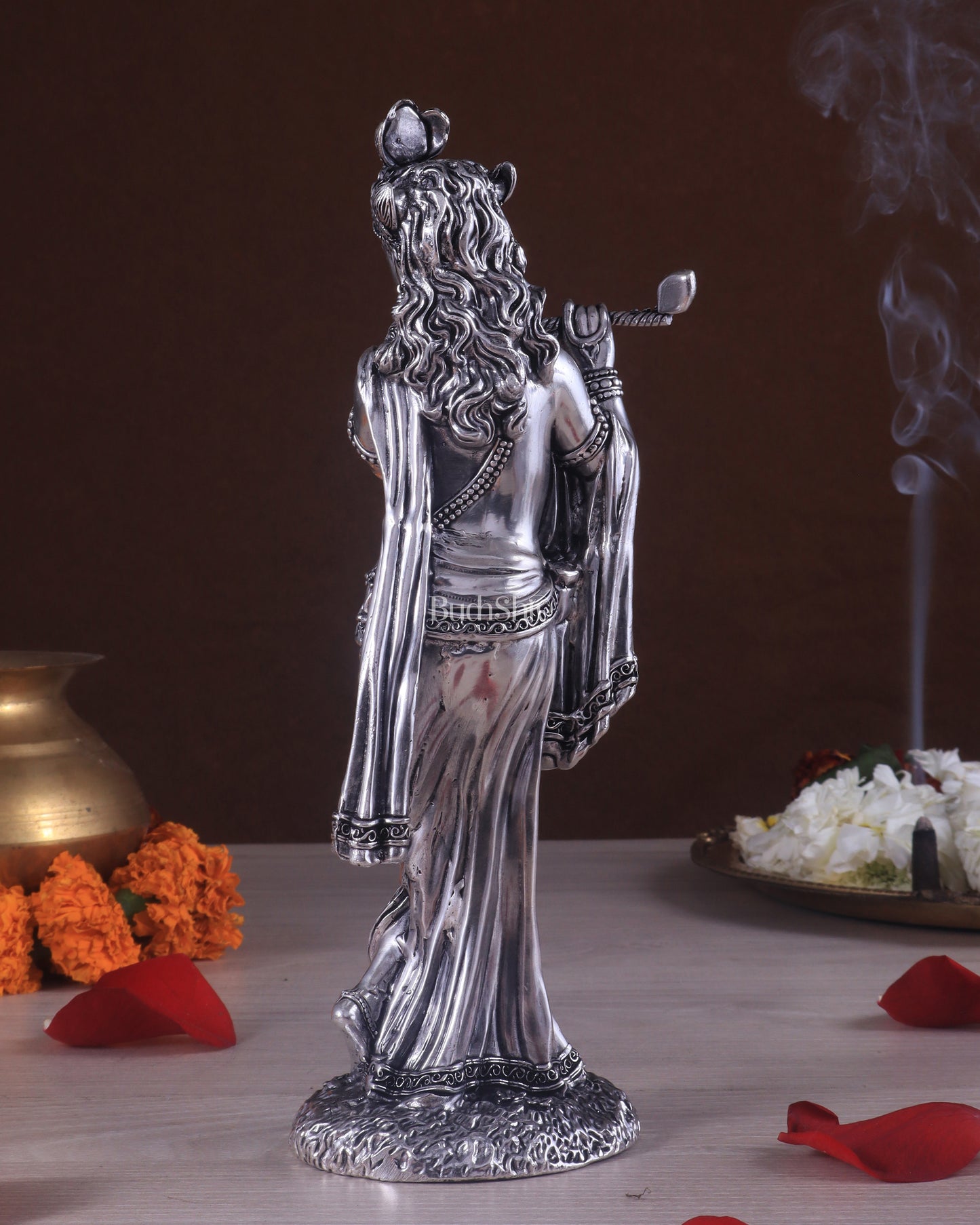 Superfine Brass Lord Krishna Intricate Idol 10" silver plated