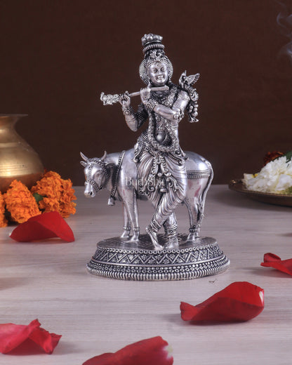 Superfine Brass Intricate Krishna with Cow idol - 7" silver plated