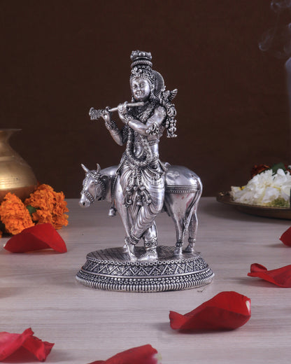 Superfine Brass Intricate Krishna with Cow idol - 7" silver plated