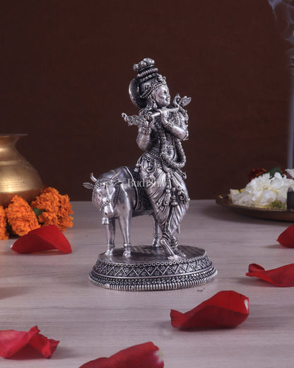 Superfine Brass Intricate Krishna with Cow idol - 7" silver plated