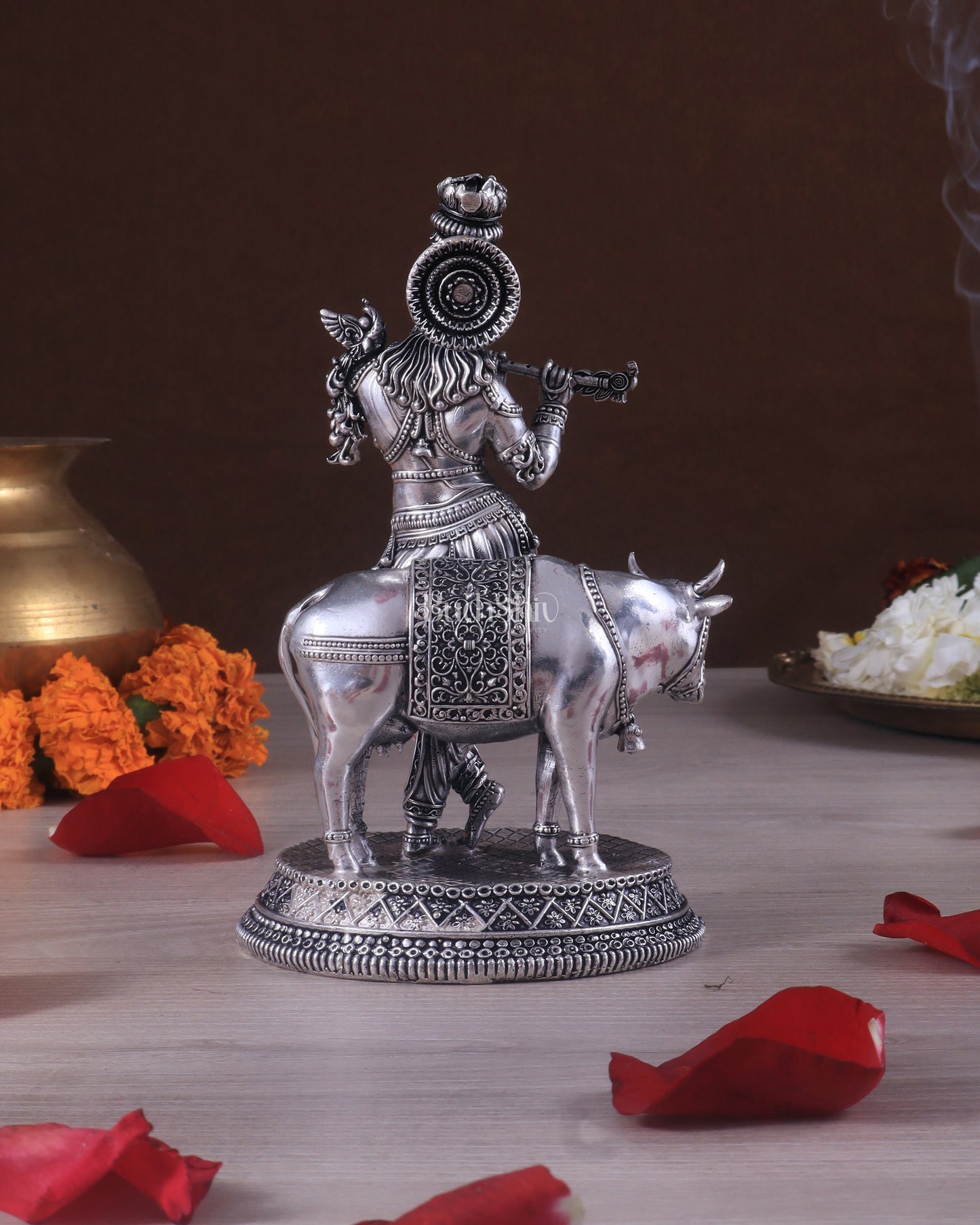 Superfine Brass Intricate Krishna with Cow idol - 7" silver plated