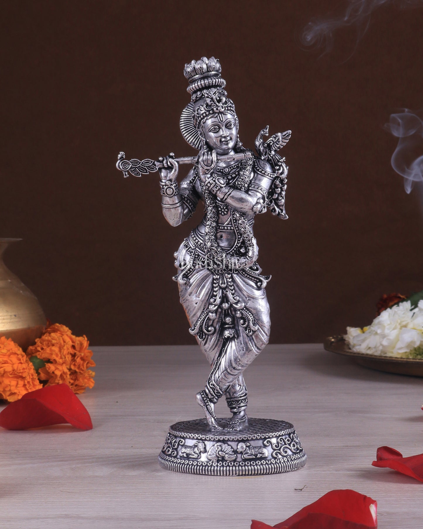 Superfine Brass Lord Krishna Intricate Idol 10" silver plated