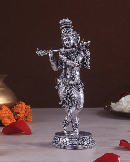 Superfine Brass Lord Krishna Intricate Idol 10" silver plated