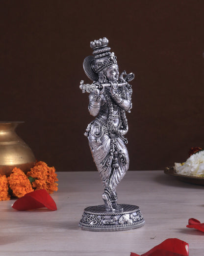 Superfine Brass Lord Krishna Intricate Idol 10" silver plated