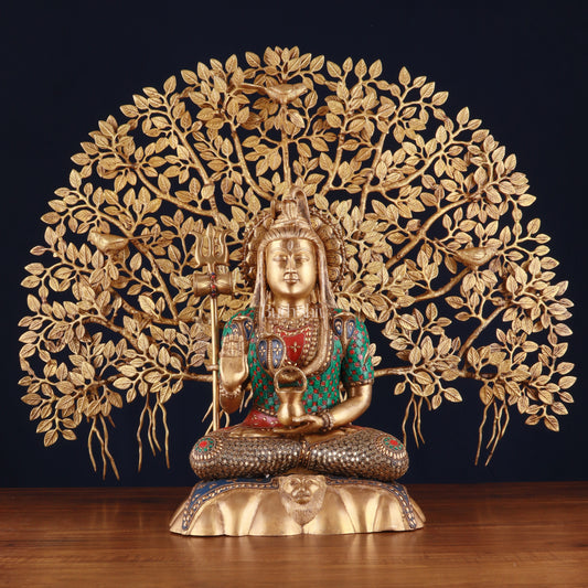 Brass Lord Shiva Statue & Kalpavriksha Tree – Divine Decor Combo