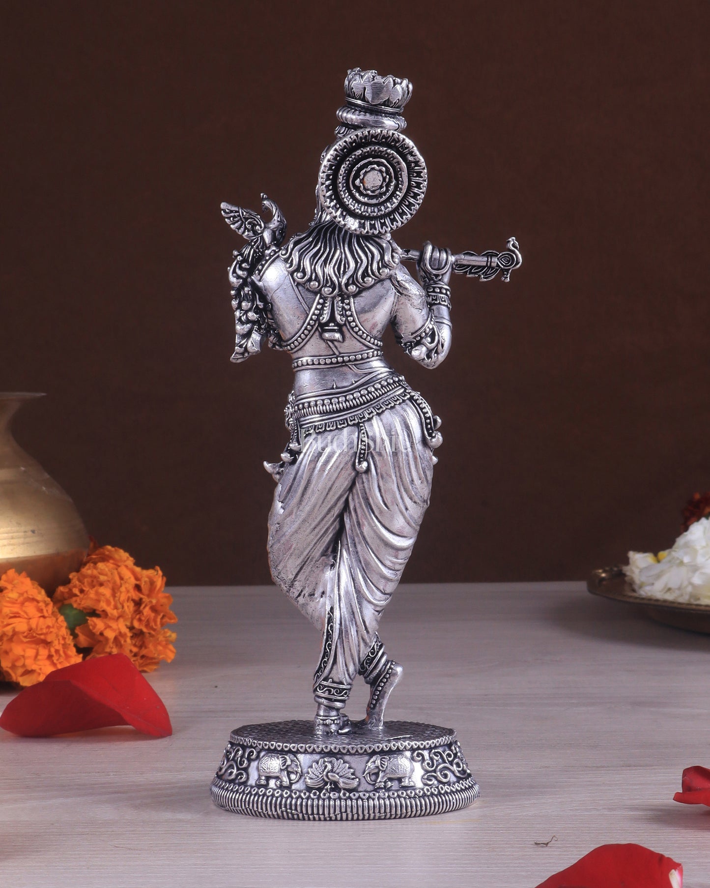 Superfine Brass Lord Krishna Intricate Idol 10" silver plated