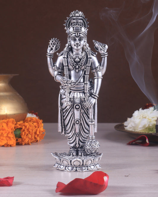 Intricate Brass superfine Vishnu idol 7 inch Silver plated