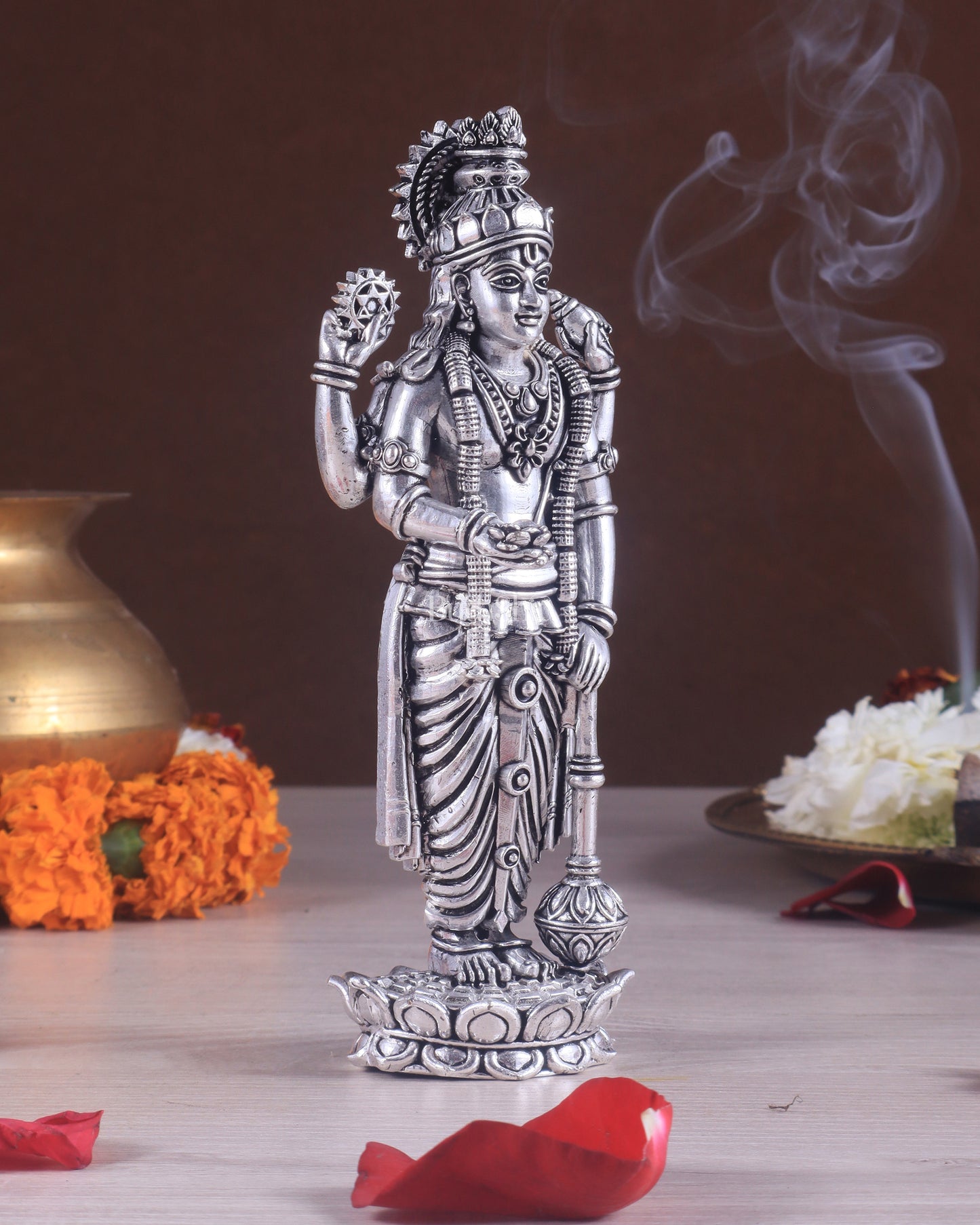 Intricate Brass superfine Vishnu idol 7 inch Silver plated