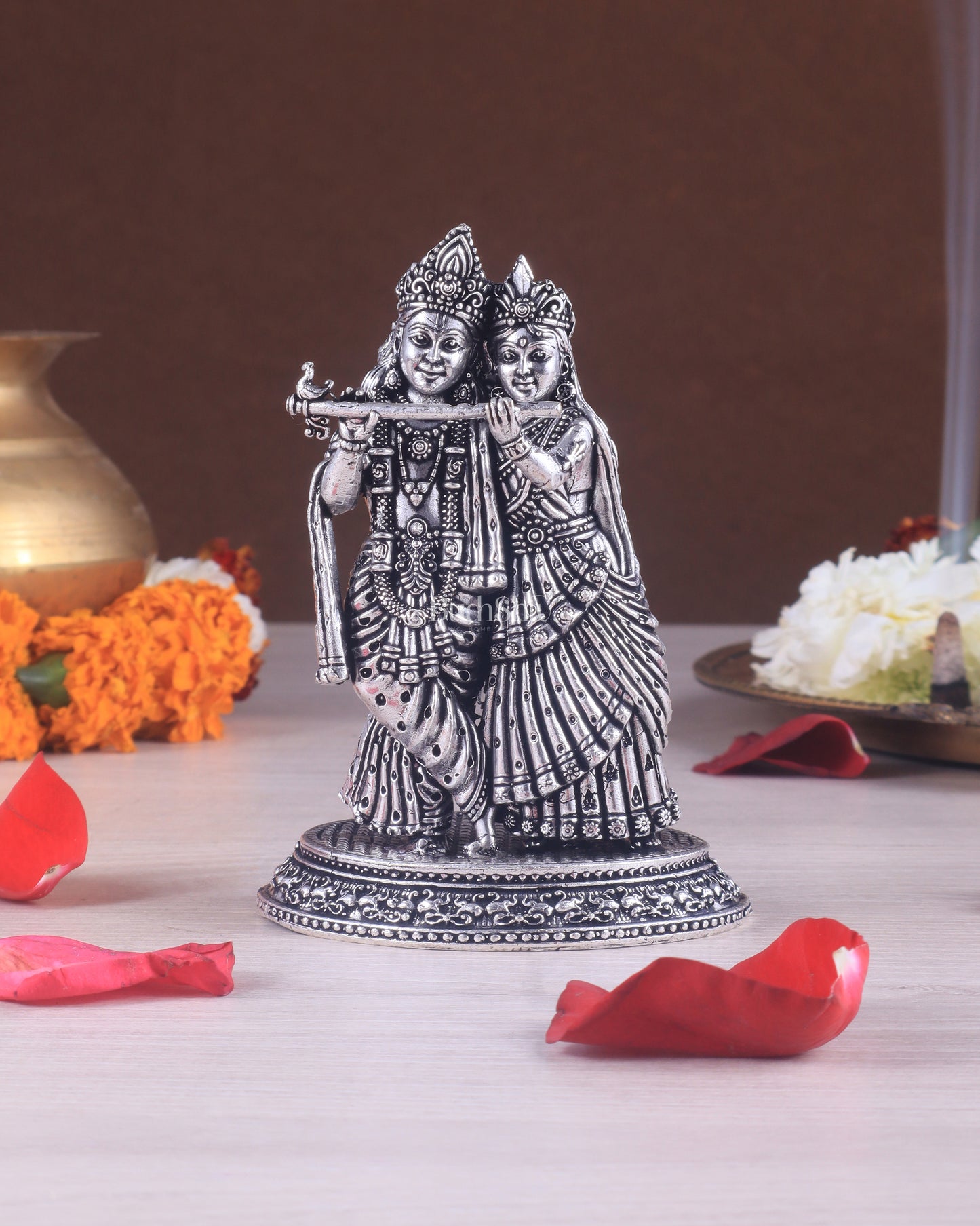 Intricate Lightweight Brass Radha Krishna Idol - 6" silver plated