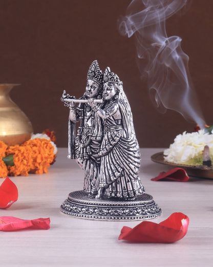 Intricate Lightweight Brass Radha Krishna Idol - 6" silver plated