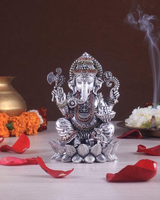 Silver plated Brass Superfine Intricately Carved Small Right trunk Ganesha Idol - 5" Tall