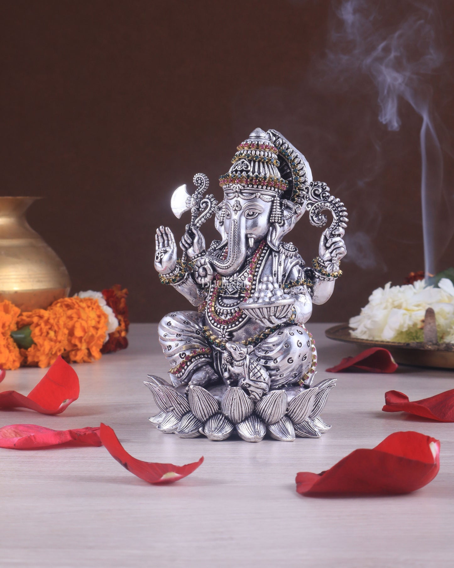 Silver plated Brass Superfine Intricately Carved Small Right trunk Ganesha Idol - 5" Tall