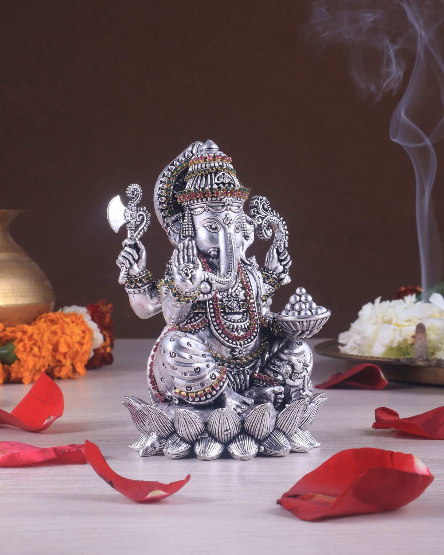 Silver plated Brass Superfine Intricately Carved Small Right trunk Ganesha Idol - 5" Tall