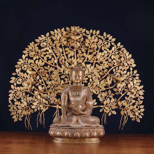 Brass Enlightened Nirvana Buddha Statue & Superfine Kalpavriksha Tree – Spiritual Decor Set