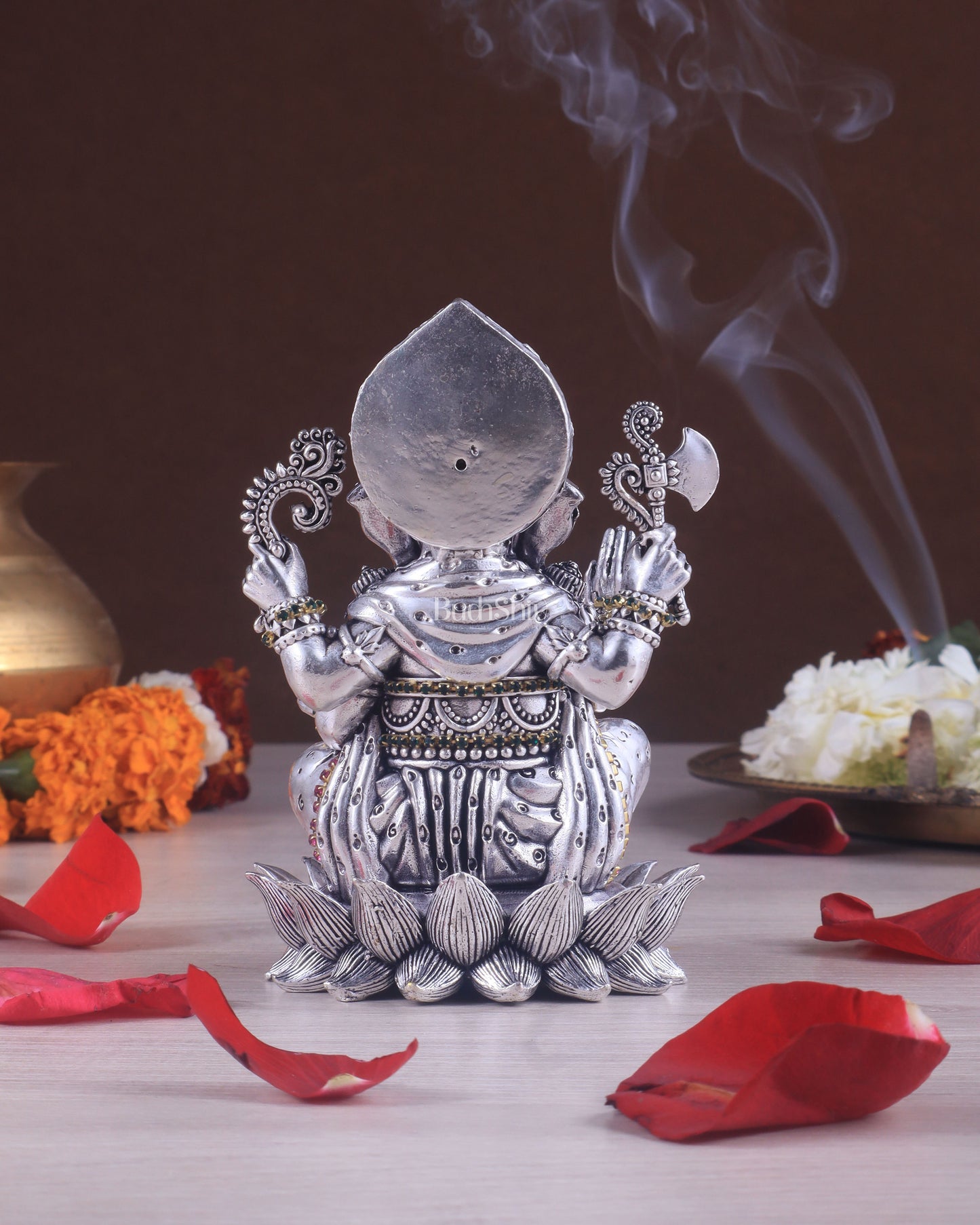 Silver plated Brass Superfine Intricately Carved Small Right trunk Ganesha Idol - 5" Tall