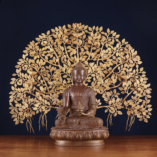 Brass Medicine Buddha Statue with Copper Finish & Superfine Kalpavriksha Tree – Spiritual Decor Set