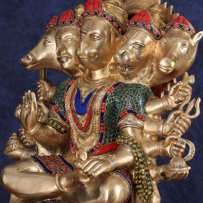 Brass Panchmukhi Hanuman large Idol 17 inch with stonework