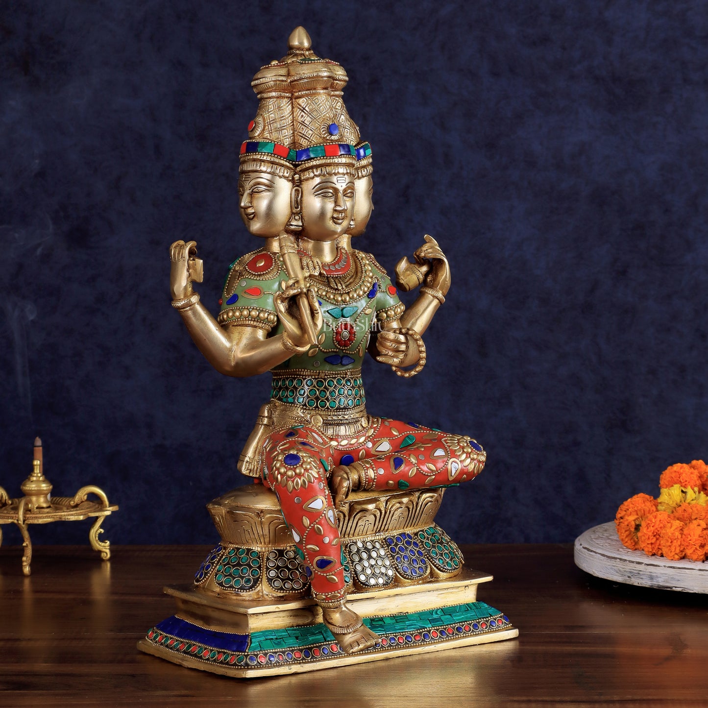 Brass Lord Brahma Sculpture - 16 inch with stonework