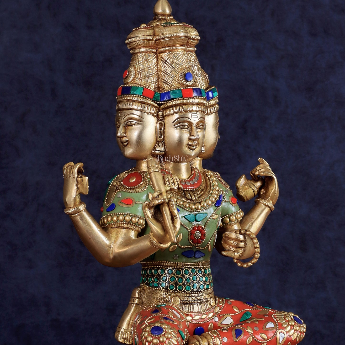 Brass Lord Brahma Sculpture - 16 inch with stonework