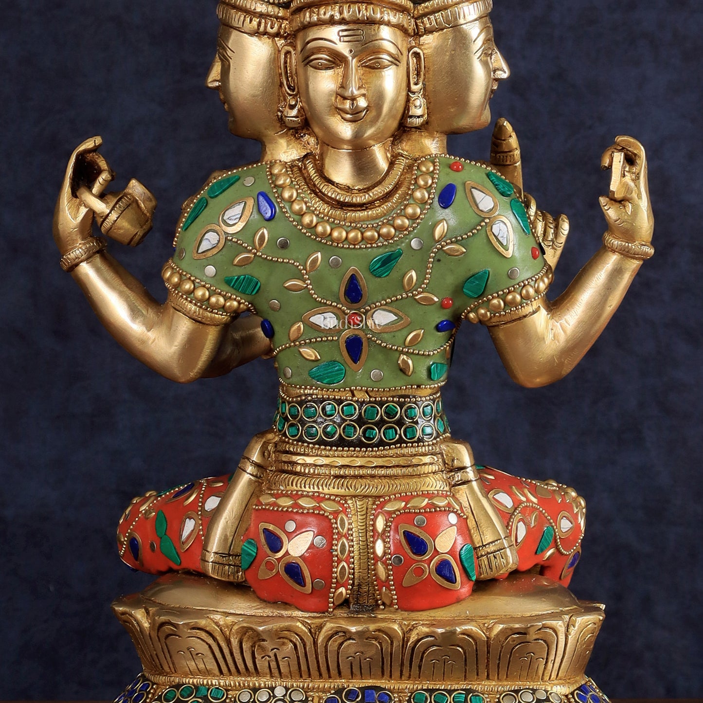 Brass Lord Brahma Sculpture - 16 inch with stonework