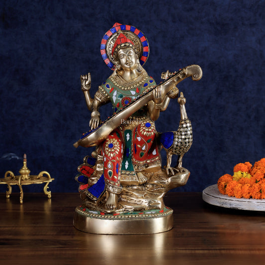 Brass Saraswati Sitting on Swan Idol - 15 Inch