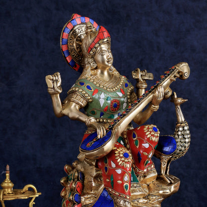 Brass Saraswati Sitting on Swan Idol - 15 Inch