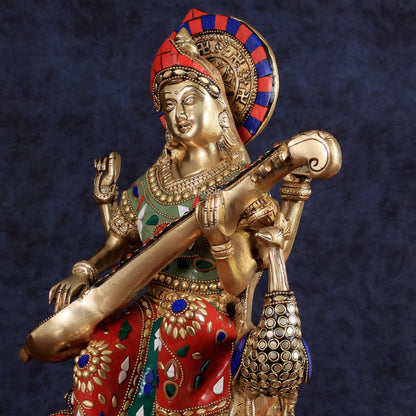 Brass Saraswati Sitting on Swan Idol - 15 Inch