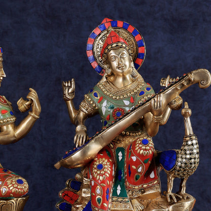 Superfine Brass Goddess Saraswati & Lord Brahma Pair | Divine Seated Sculptures