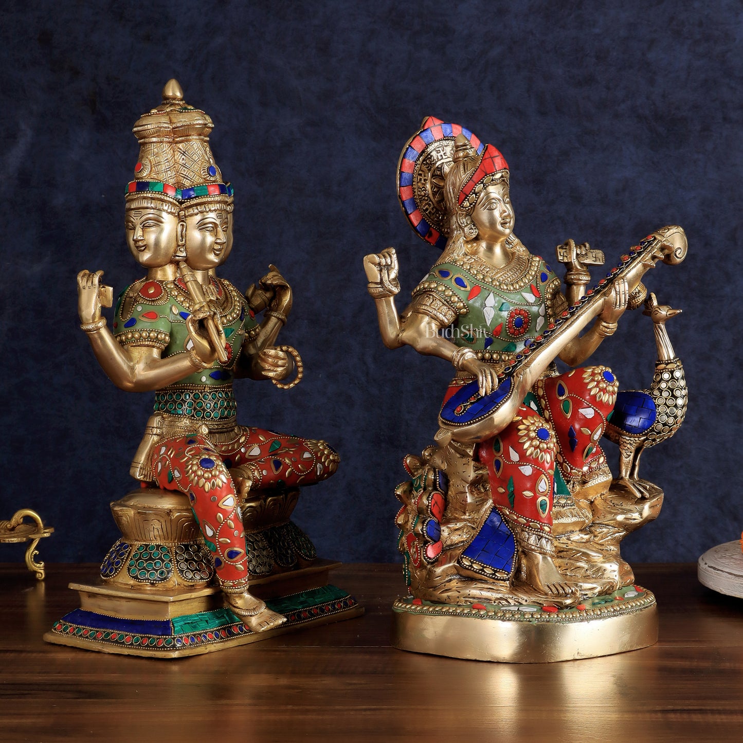 Superfine Brass Goddess Saraswati & Lord Brahma Pair | Divine Seated Sculptures