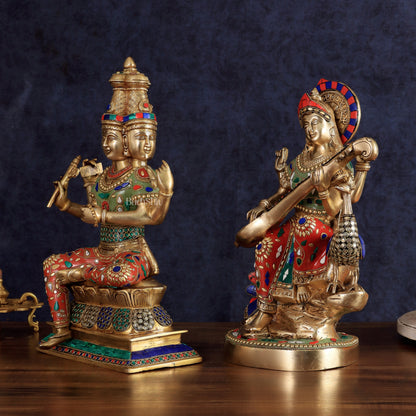 Superfine Brass Goddess Saraswati & Lord Brahma Pair | Divine Seated Sculptures