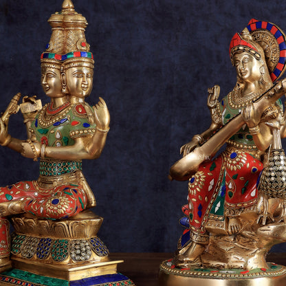 Superfine Brass Goddess Saraswati & Lord Brahma Pair | Divine Seated Sculptures