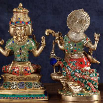 Superfine Brass Goddess Saraswati & Lord Brahma Pair | Divine Seated Sculptures