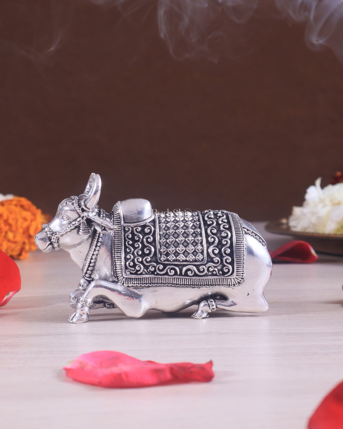 Brass Superfine Miniature Nandi Idol - 4" silver plated