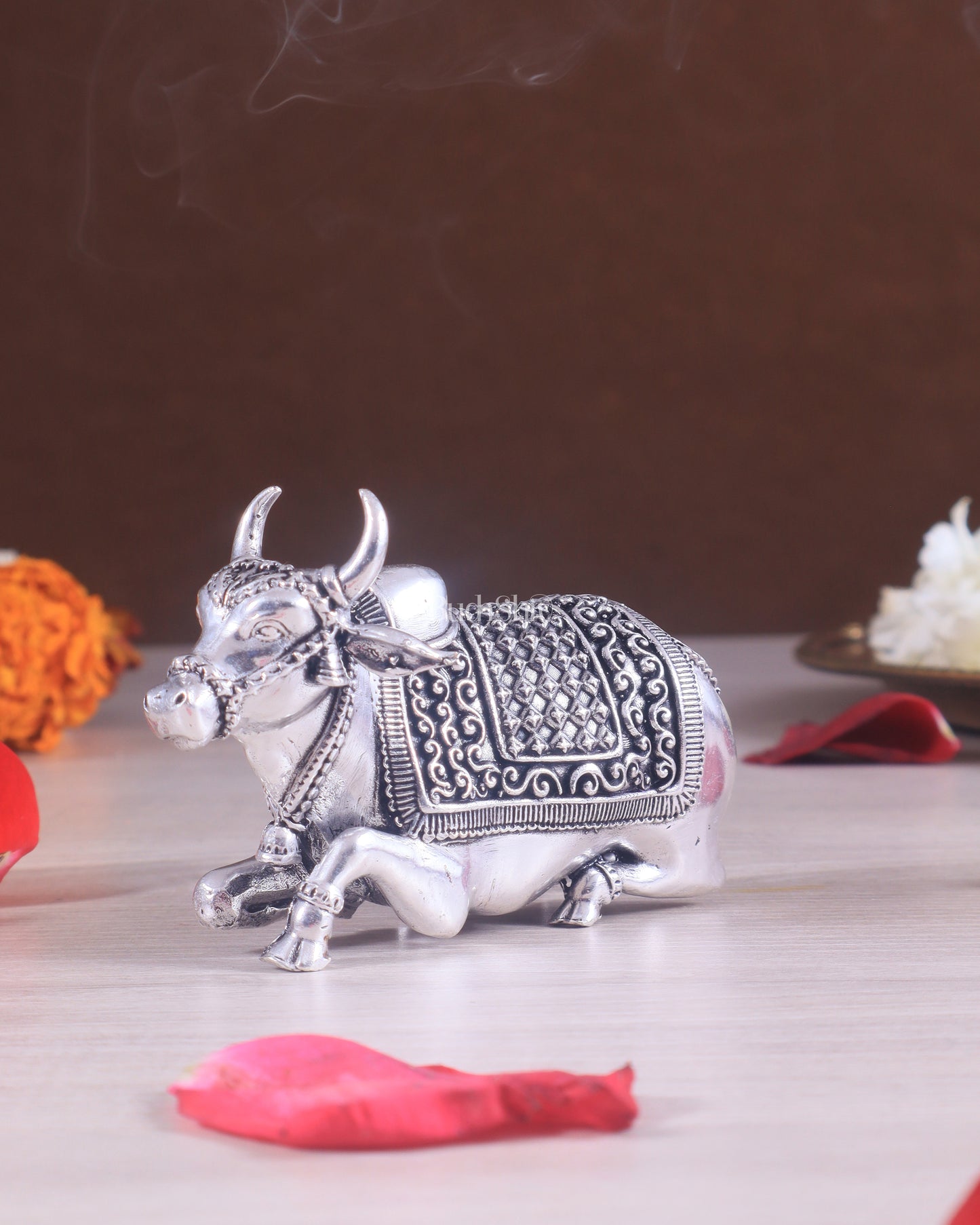 Brass Superfine Miniature Nandi Idol - 4" silver plated