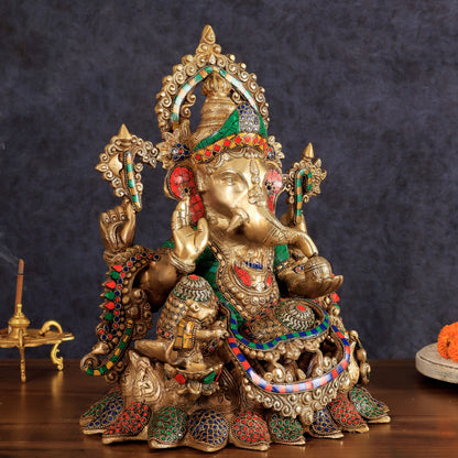 Brass Ganapati statue with sharp features - 16 inches