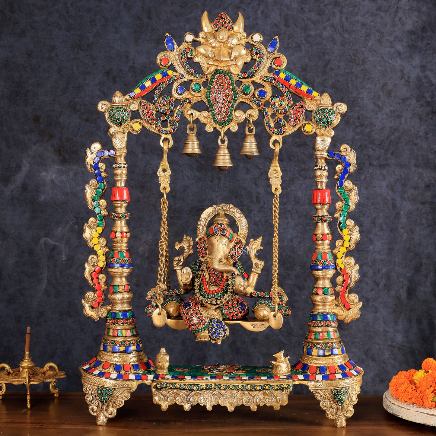 Brass Ganesha idol on large Swing jhoola - 26 inch large