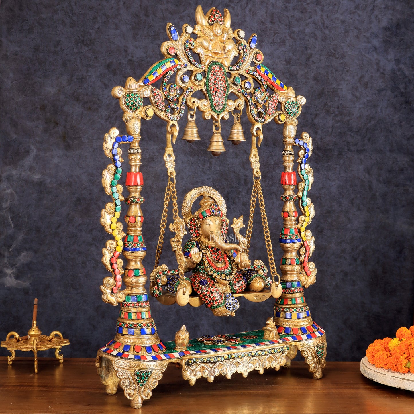 Brass Ganesha idol on large Swing jhoola - 26 inch large