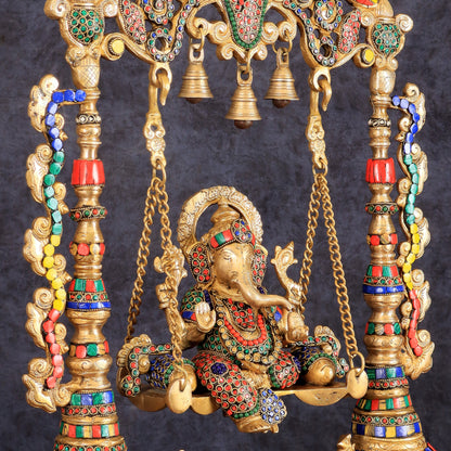 Brass Ganesha idol on large Swing jhoola - 26 inch large