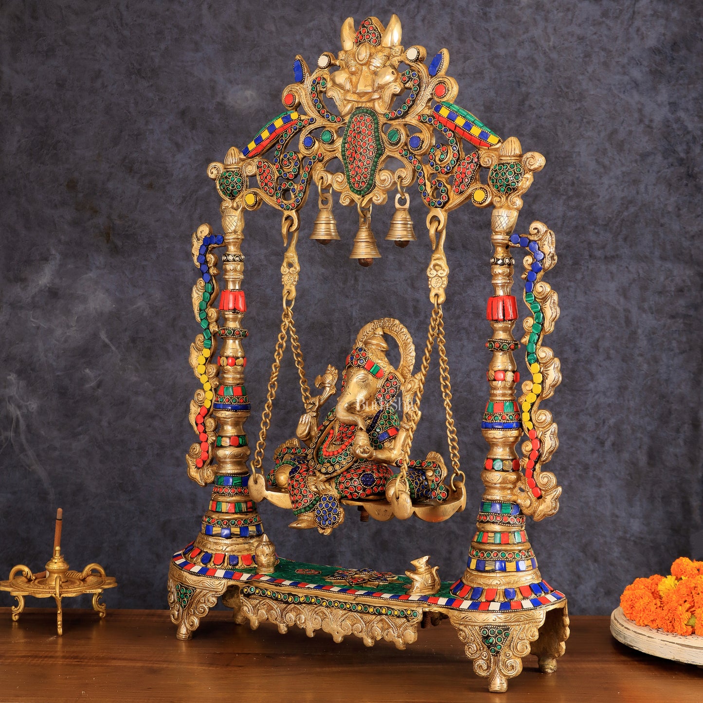 Brass Ganesha idol on large Swing jhoola - 26 inch large