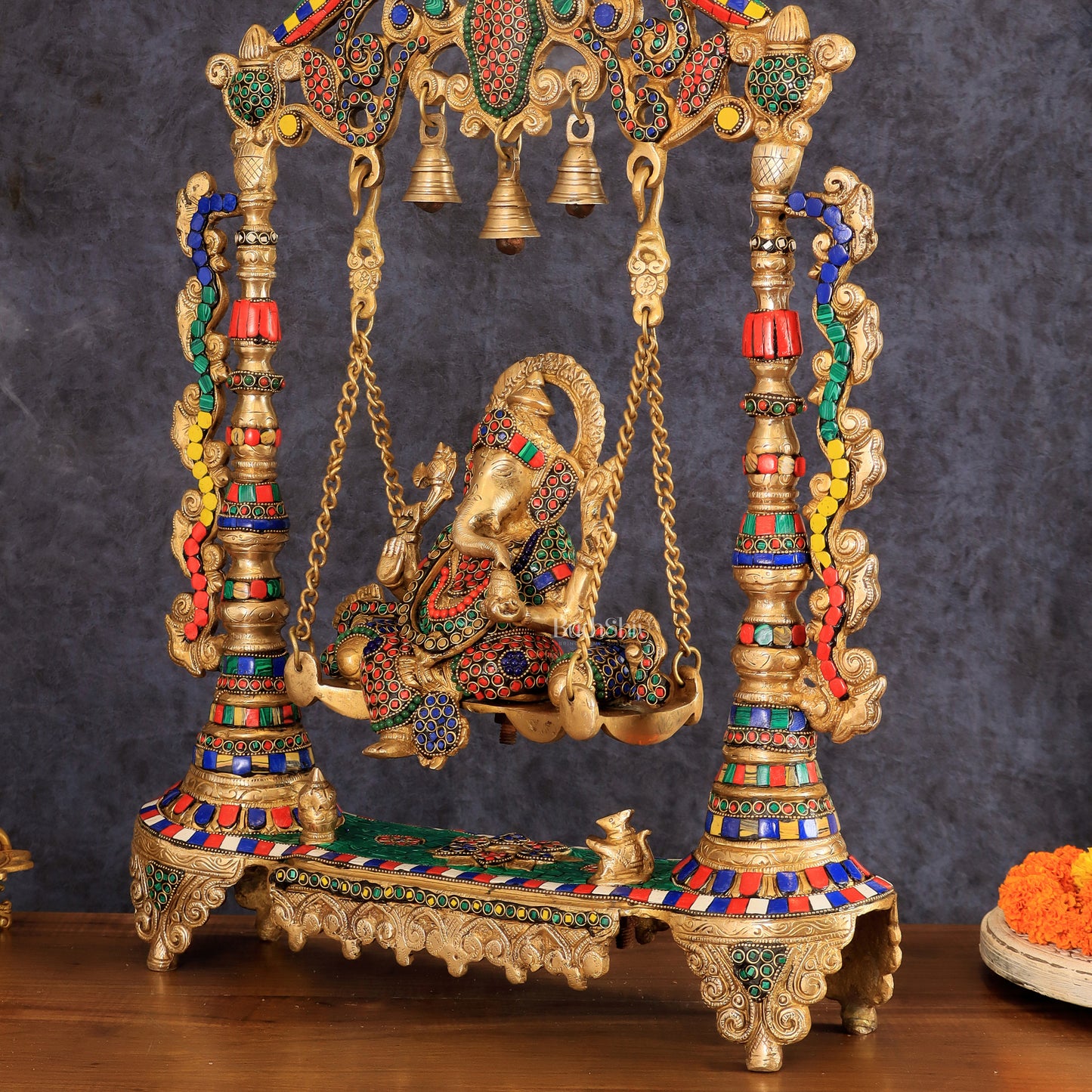 Brass Ganesha idol on large Swing jhoola - 26 inch large