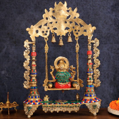 Brass Ganesha idol on large Swing jhoola - 26 inch large