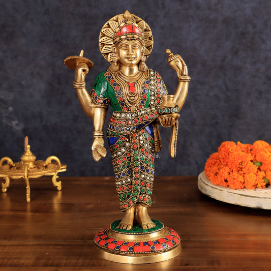 Brass Dhanvantari Statue - 12.5 Inch with stonework