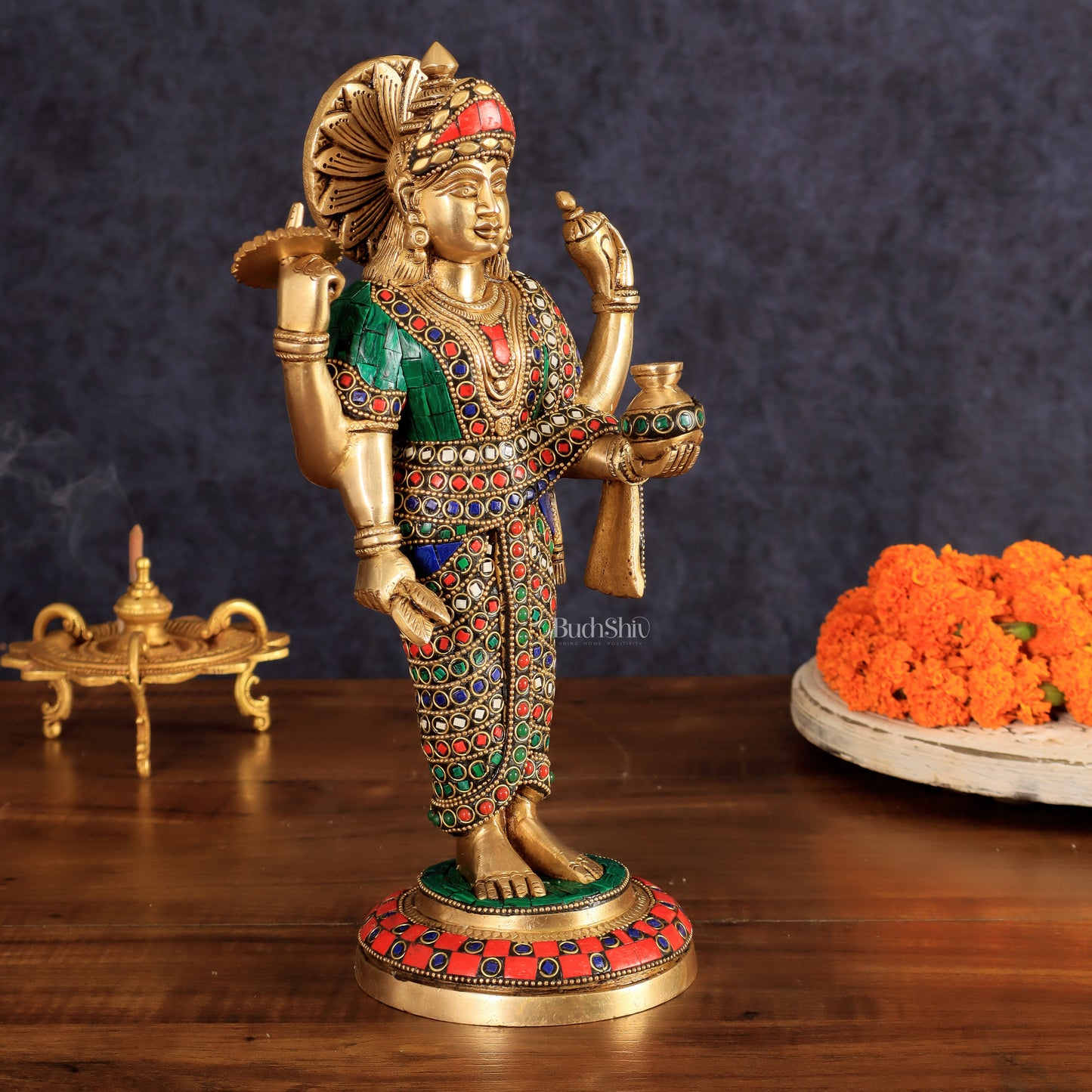 Brass Dhanvantari Statue - 12.5 Inch with stonework