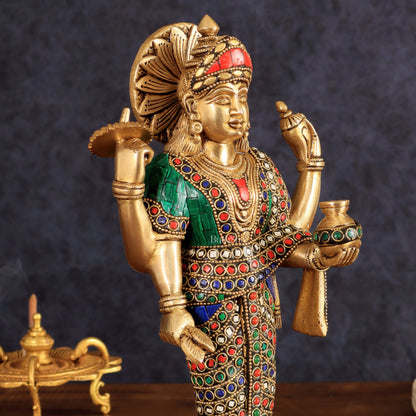 Brass Dhanvantari Statue - 12.5 Inch with stonework