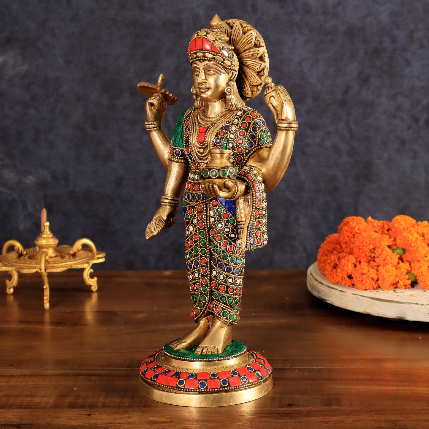 Brass Dhanvantari Statue - 12.5 Inch with stonework