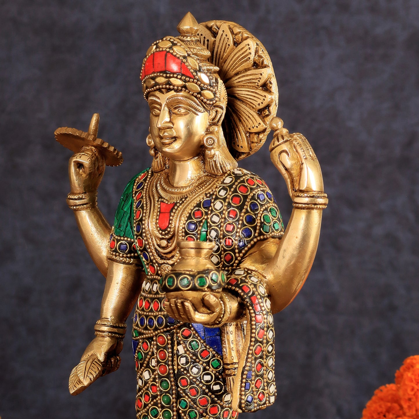 Brass Dhanvantari Statue - 12.5 Inch with stonework