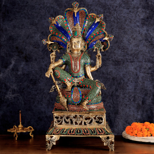 Brass large sitting Lord Vishnu Sculpture with stonework | 28 inch