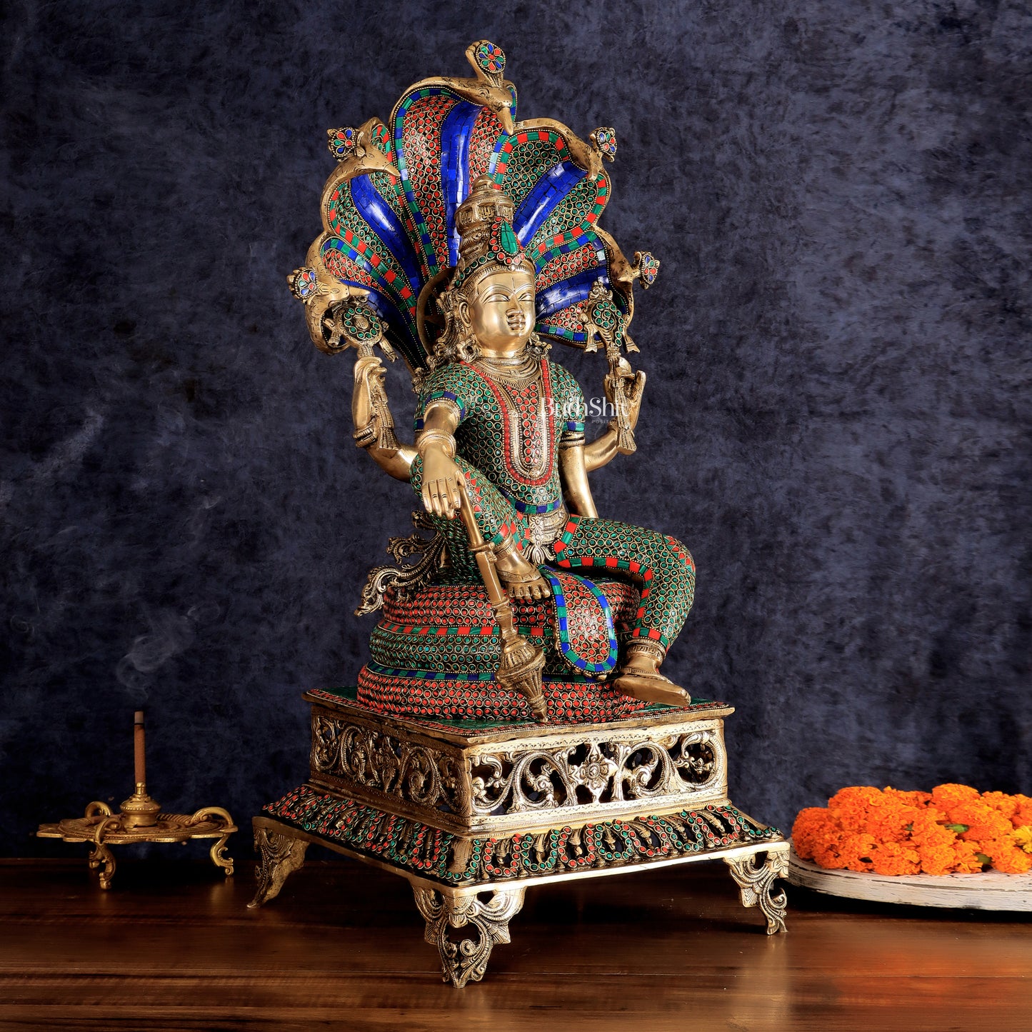 Brass large sitting Lord Vishnu Sculpture with stonework | 28 inch