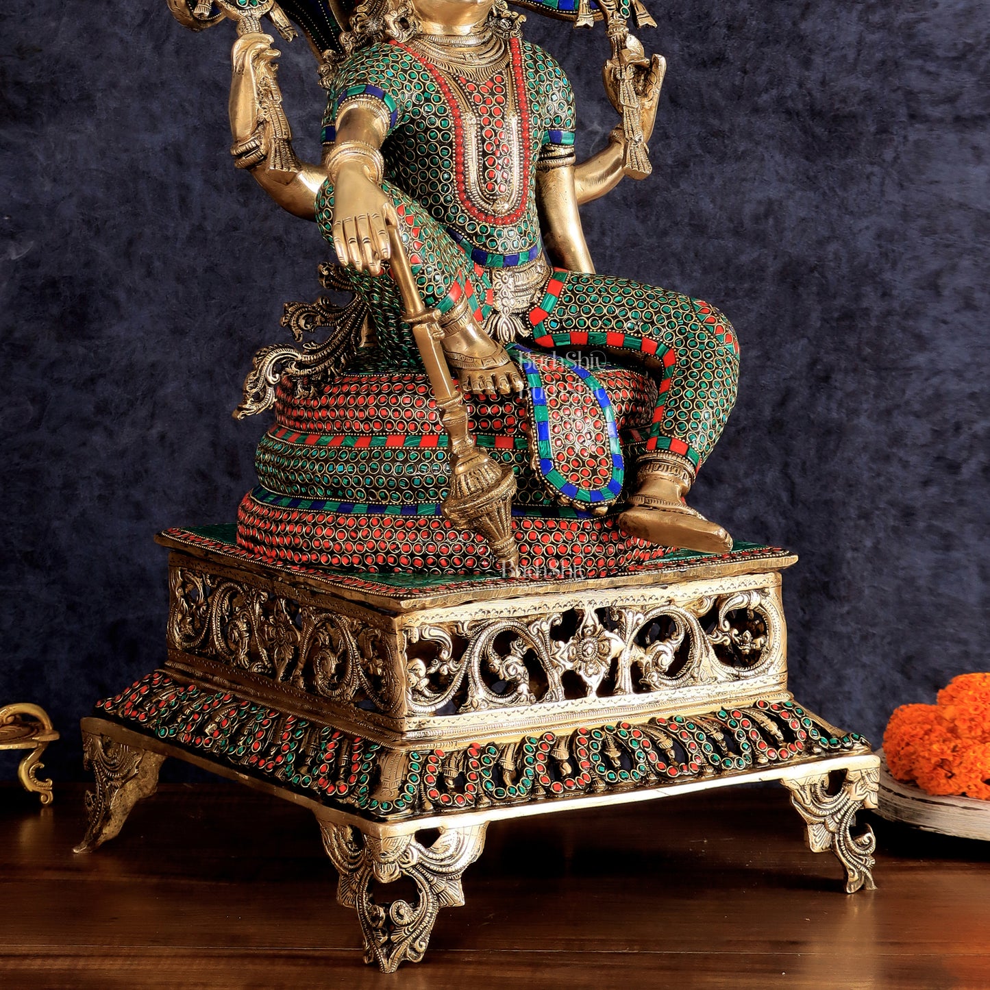 Brass large sitting Lord Vishnu Sculpture with stonework | 28 inch